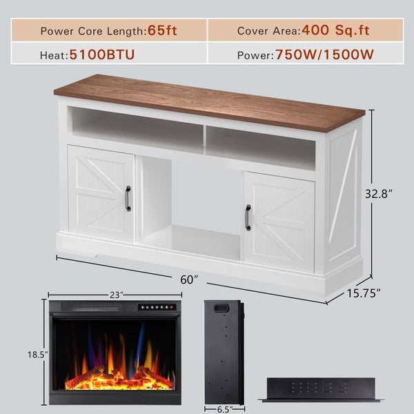 60''Fireplace TV Stand with Freestanding Electric Fireplace & Wooden Storage Cabinet M2301 Kismile