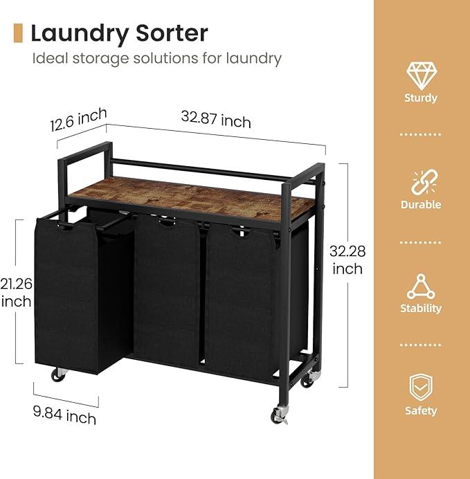 Laundry Hamper, Laundry Basket, Laundry Sorter with 3 Removable Bags, Clothes Basket with 3 Compartments, Wheels, Shelf for Laundry Room Bathroom Bedroom (3 Bags-Black)