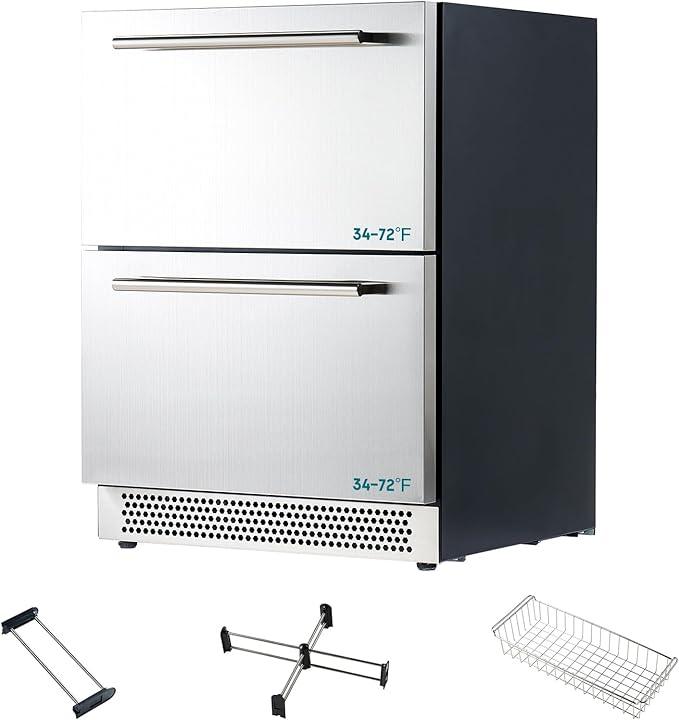 Albott 24 Inch Under Counter Drawer Fridge – Stainless Steel Beverage Refrigerator with Dual Drawers, LED Touch Control, Adjustable Storage, Frost-Free, Low Noise, 34-72℉, for Indoor or Outdoor Use