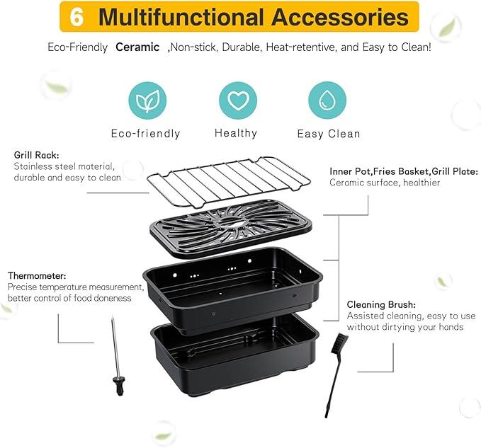 Indoor Grill and Air Fryer Combo with Ceramic Accessories, 7-IN-1 Digital Display, 5.2 QT Electric Smokeless, 500°F Max, Large View Window, Roast, Bake & Dehydrate, Adjustable Temps, Easy Clean