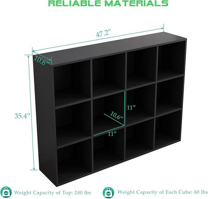 12-Cube Storage Shelf Bookcase - Wooden 3-Tier Floor Standing Open Bookshelf for Home and Office, Display Cabinet, Black