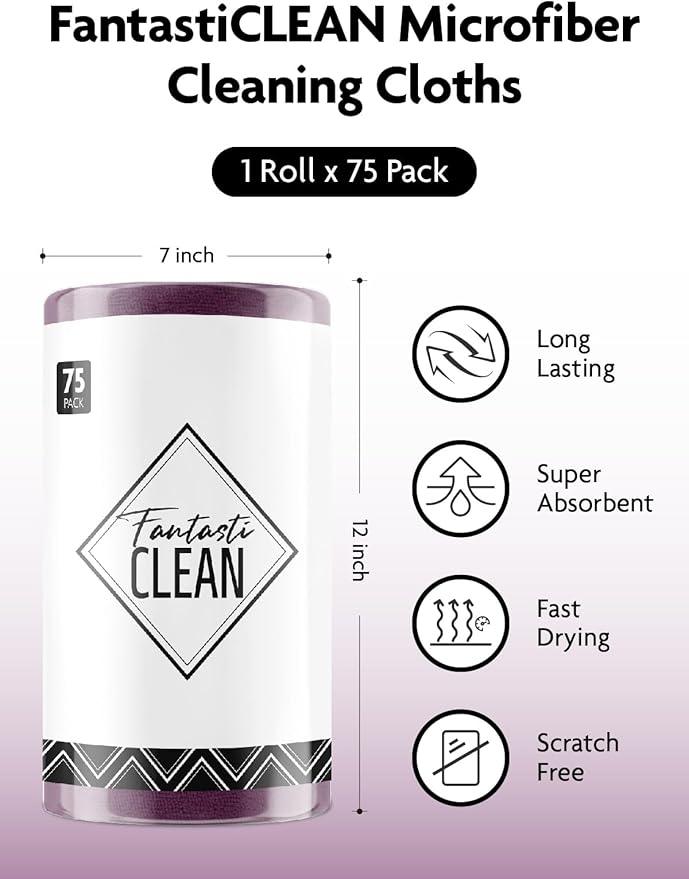 Fantasticlean Microfiber Cleaning Cloth Roll -75 Pack, Tear Away Microfiber Towels, 12