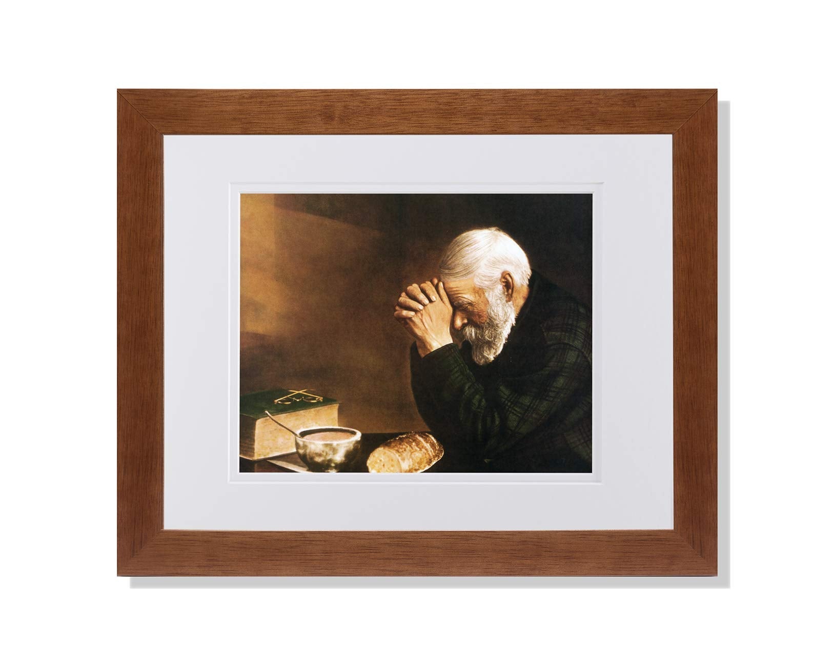 Framed Religious Art Print – Daily Bread Man Praying with Honey Finish Oak Frame