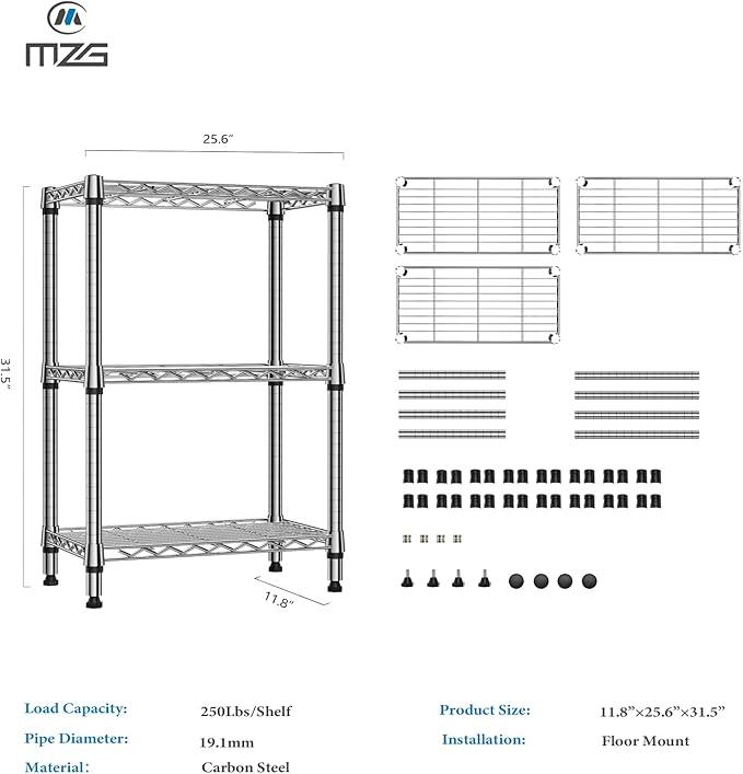 750 lbs 3 Tier Shelf Metal Storage Shelves Wire Rack Closet Organizers for Garage Kitchen Bathroom Laundry Chrome 11.8