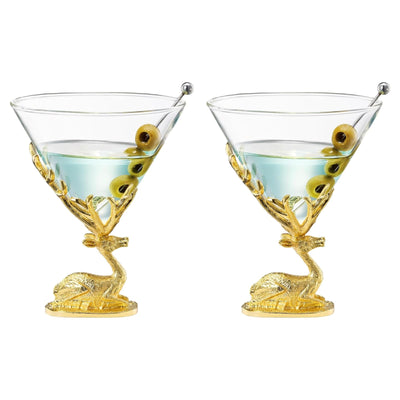 Stag Antler Cocktail Glasses Set of 2 Gold Deer Design Elegant Animal Inspired Barware
