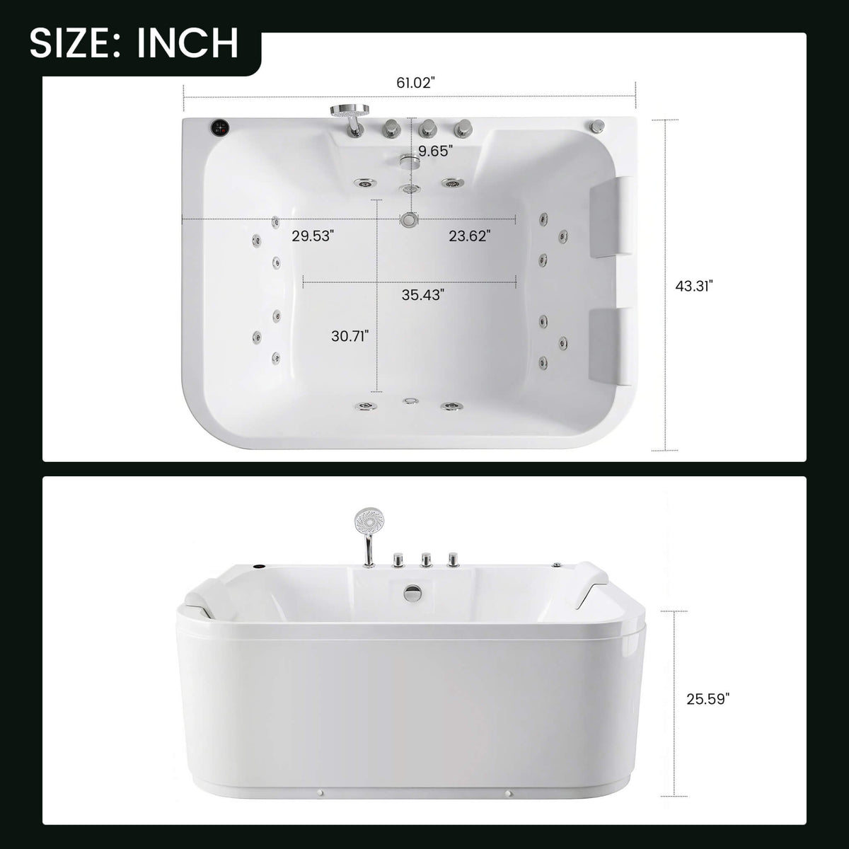 Lagoona 61-Inch 2-Person Acrylic Whirlpool Massage Bathtub With 16 Water Jets And LED Lights (SAK15780)