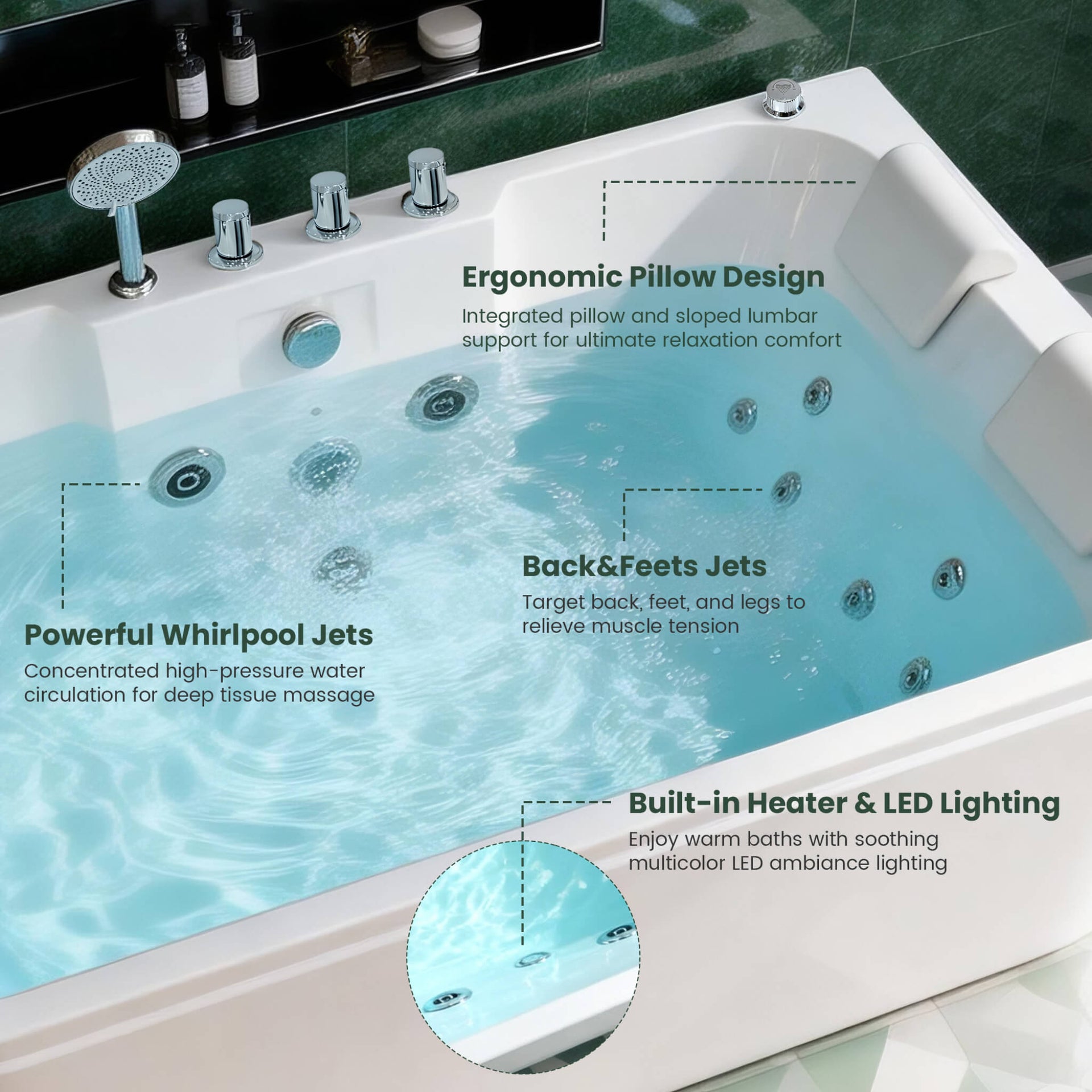 Lagoona 61-Inch 2-Person Acrylic Whirlpool Massage Bathtub With 16 Water Jets And LED Lights (SAK15780)