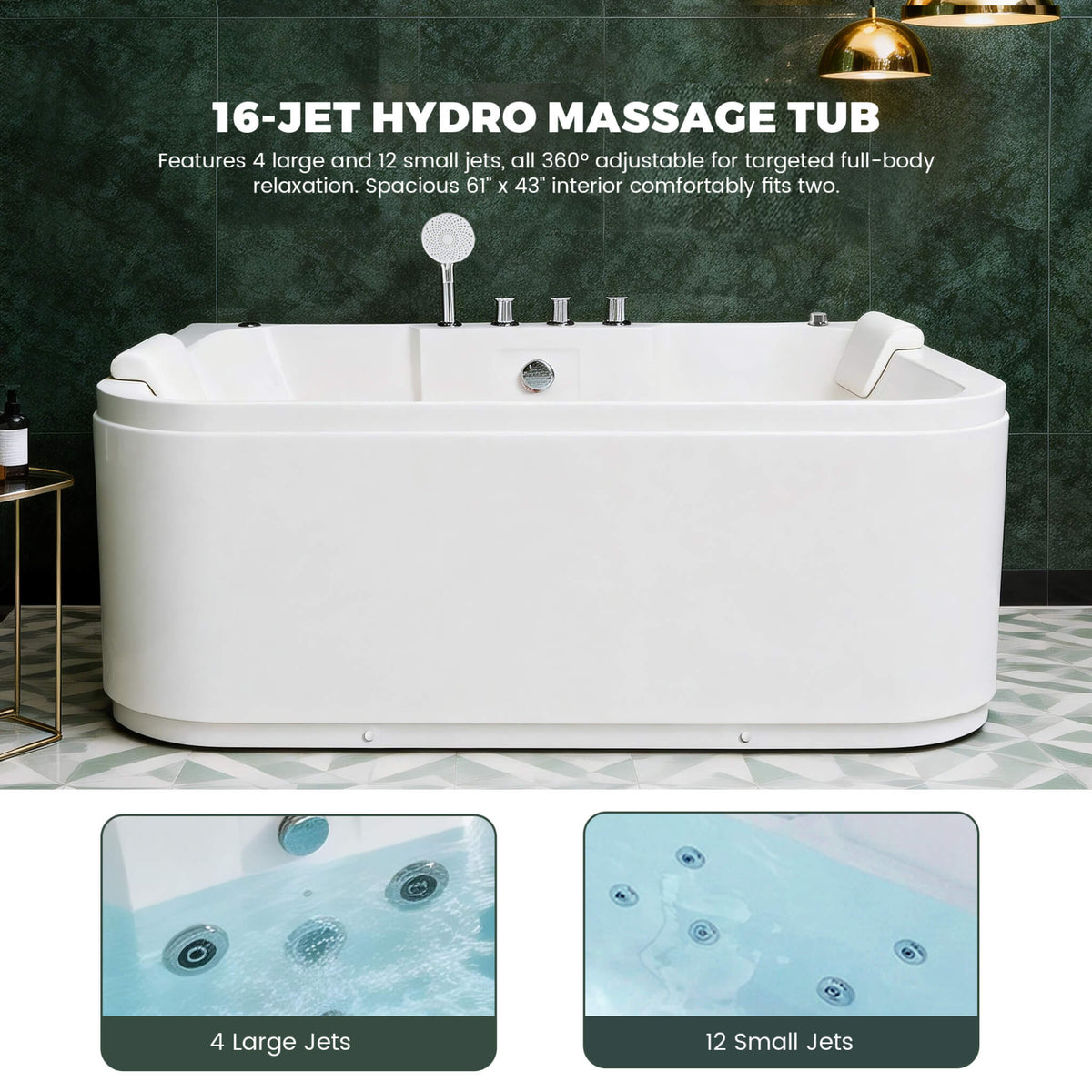 Lagoona 61-Inch 2-Person Acrylic Whirlpool Massage Bathtub With 16 Water Jets And LED Lights (SAK15780)