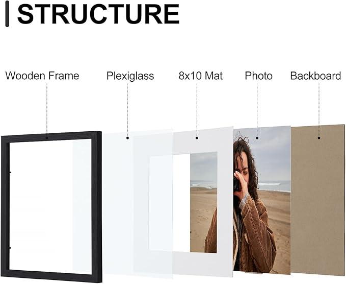 Vittanly 11x14 Picture Frames Set of 9, Shatter Resistant Plexiglass, Display 8x10 Pictures with Mat or 11x14 without Mat, Photo Frames for Wall or Tabletop, Engineered Wood, Black