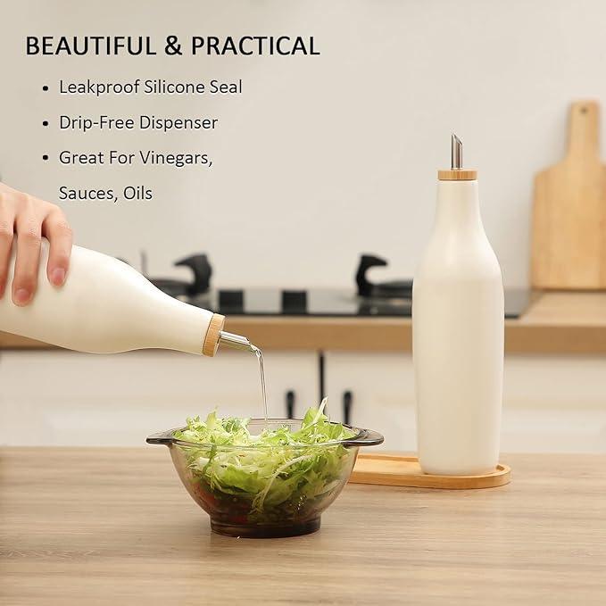 HOMCDALY Ceramic Olive Oil Dispenser for Kitchen, Stoneware 16oz Oil and Vinegar Bottles Dispenser, Kitchen Dispenser Bottle for EVOO Vinegar Syrups, Modern Farmhouse Design(W)