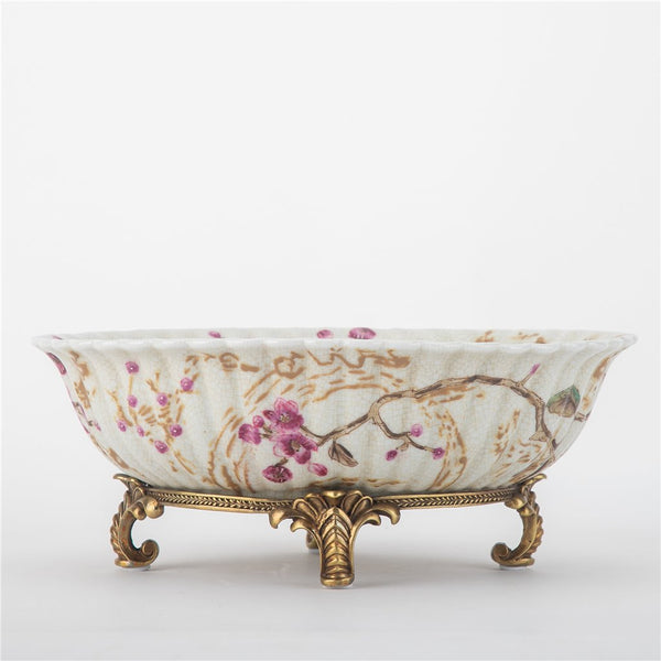 Porcelain Bird Pattern Oval Basin With Bronze Ormolu In Spring Blossoms Collection - 61019
