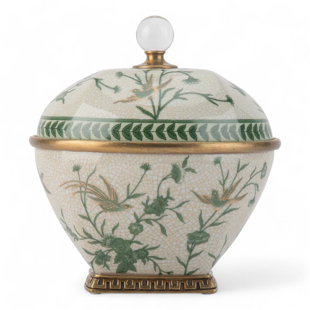 Porcelain Lidded Box With Bronze Ormolu Verdant Flight