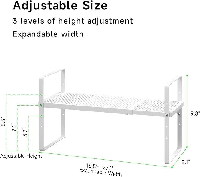 Expandable Cabinet Storage Shelf Stackable Organizer Rack for Kitchen Bathroom Pantry Spice Cupboard Coffee Countertop Home Office Desk Heavy Duty Nonslip White Small 2 Packs