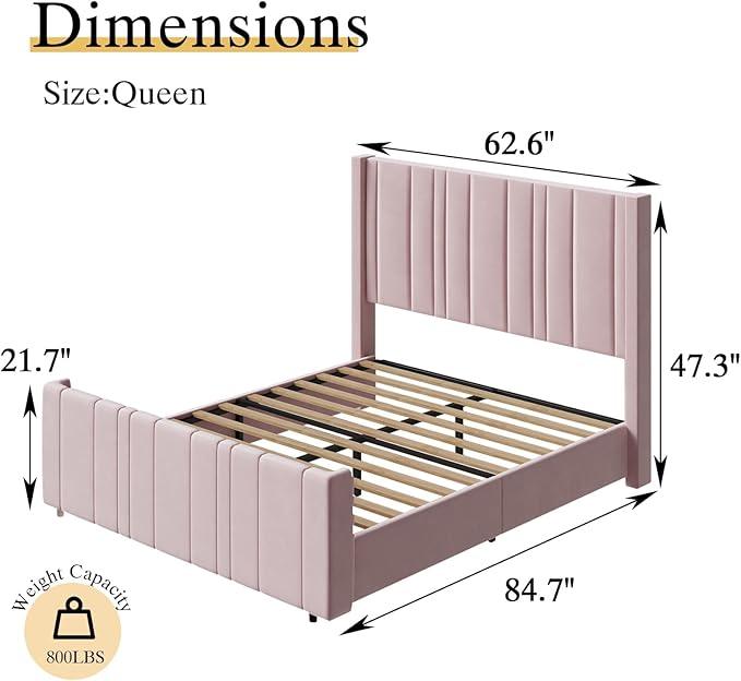 HOMBCK Queen Bed Frame Pink Upholstered Bed with Vertical Channel Tufted Headboard & 22