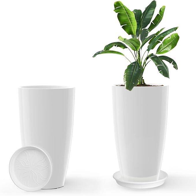 Tall Flower Pot Indoor - Outdoor Plant Pot - White Glossy Planter - Elegant Ceramics Imitation - 12