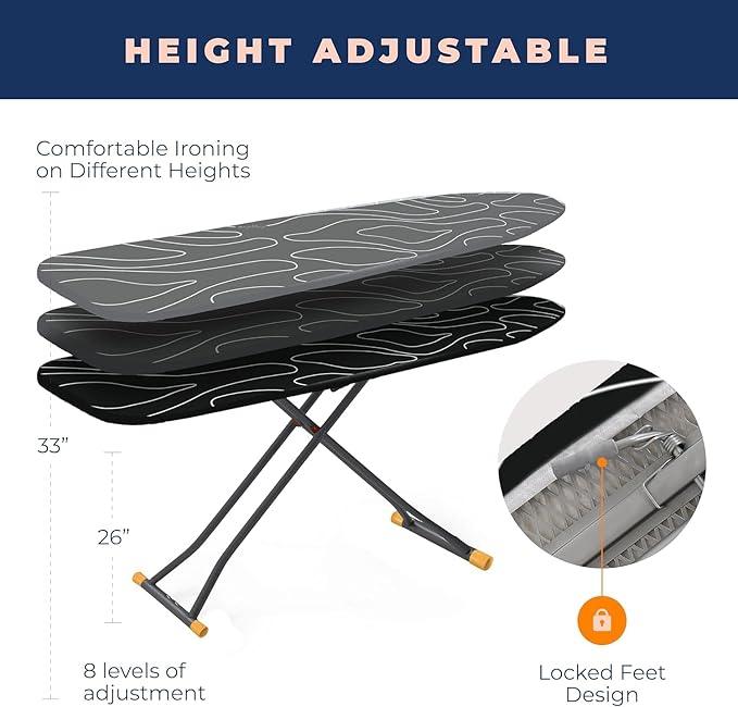 Ironing Board, Compact and Space Saver Ironing Board with Extra Thick 3 Layers Cover, Height Adjustable, Easy Storage with Smart Hanger and Heavy Duty Steel Legs, Black (13x43)
