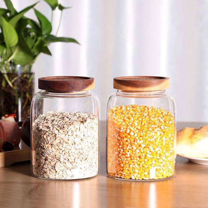 Glass Storage Jars with Airtight Lids, Set of 2 42 FL OZ (1250ml) coffee container with Wooden Lid, Glass Pantry Canister for Beans, Rice, Sugar and etc (6.3 inch high)