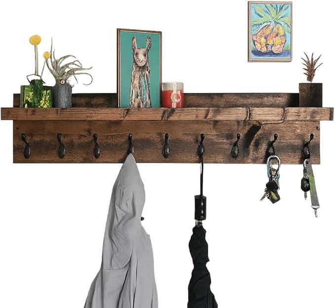 Coat Rack with Shelf Wall Mounted with Storage (Choose Your Length) Towel Rack Entryway Organizer Key Hooks (28