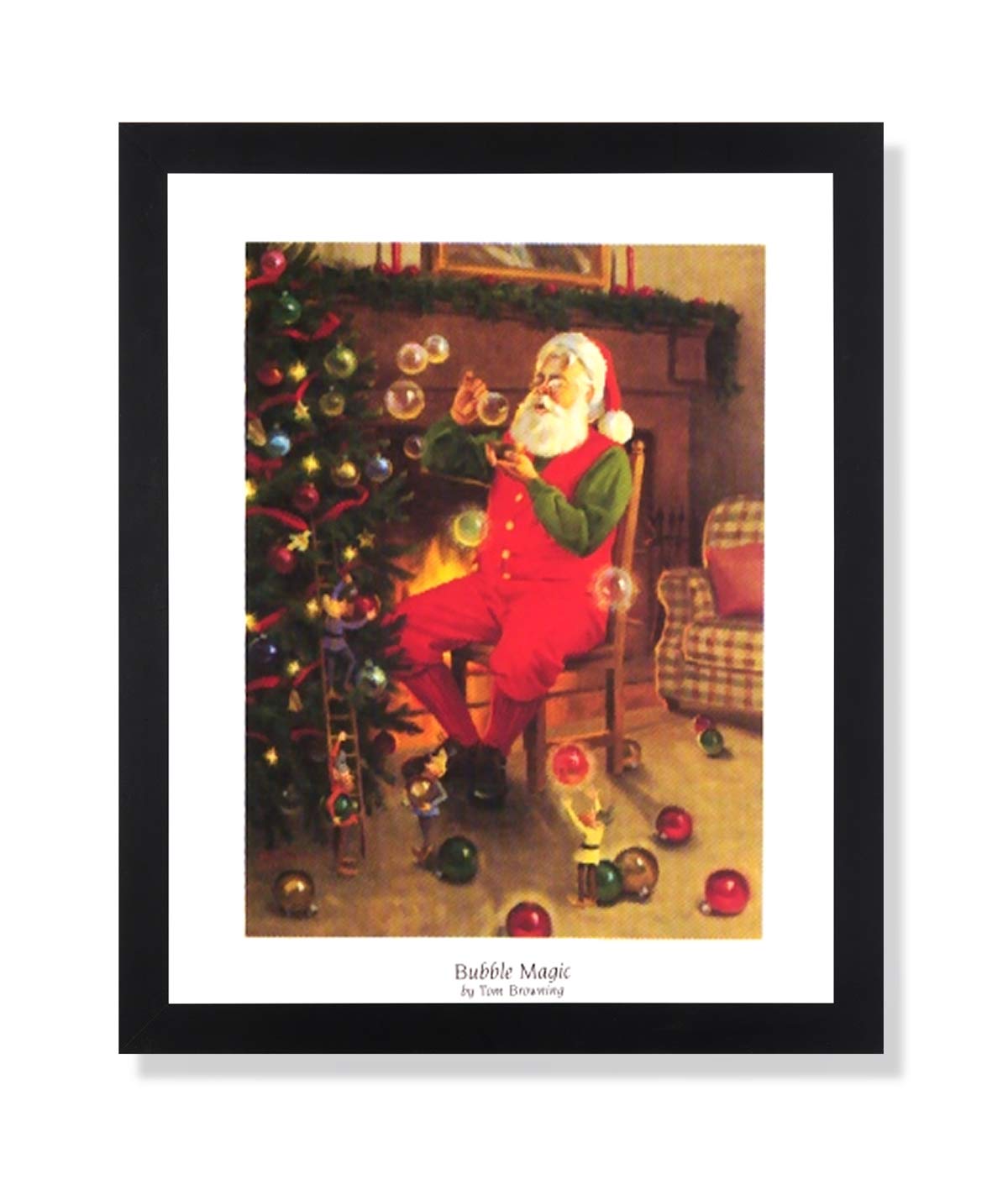 Christmas Art Print – Santa Claus & Elves Holiday Tree Decor in Black Wood Frame