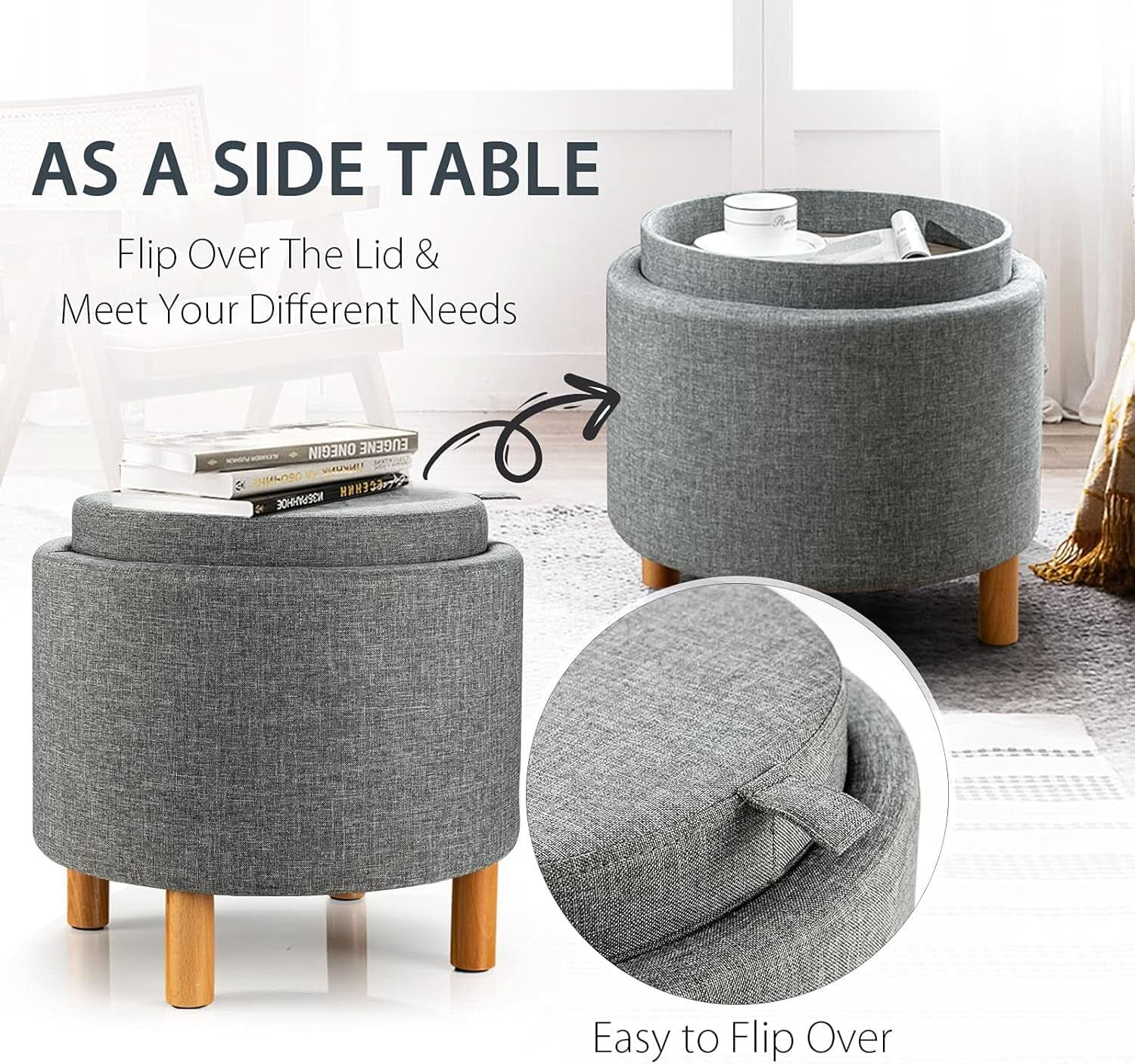 Grey Premium Microfiber Storage Ottoman Large Tray