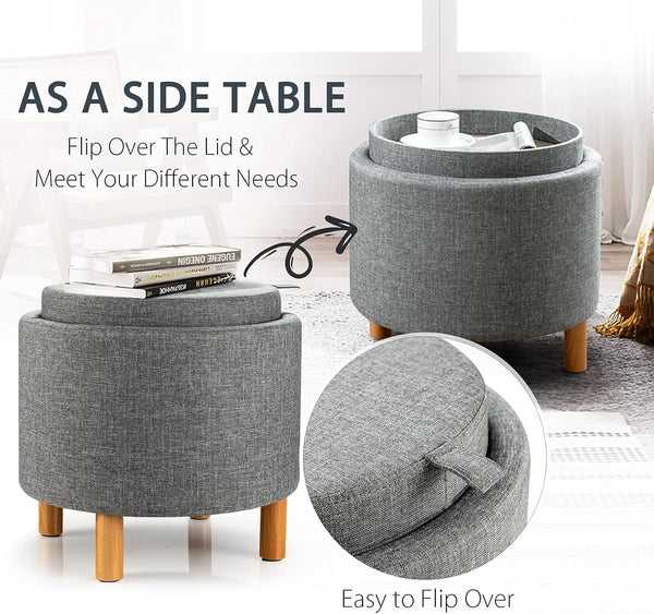 Grey Premium Microfiber Storage Ottoman Large Tray