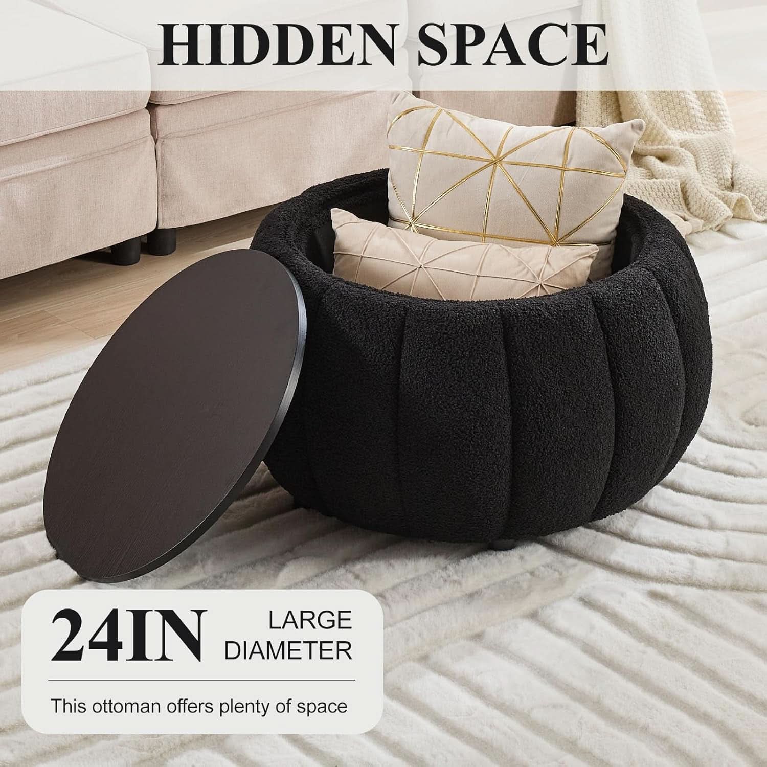 30 Inch Round Profile Teddy Fabric Hidden Storage Ottoman