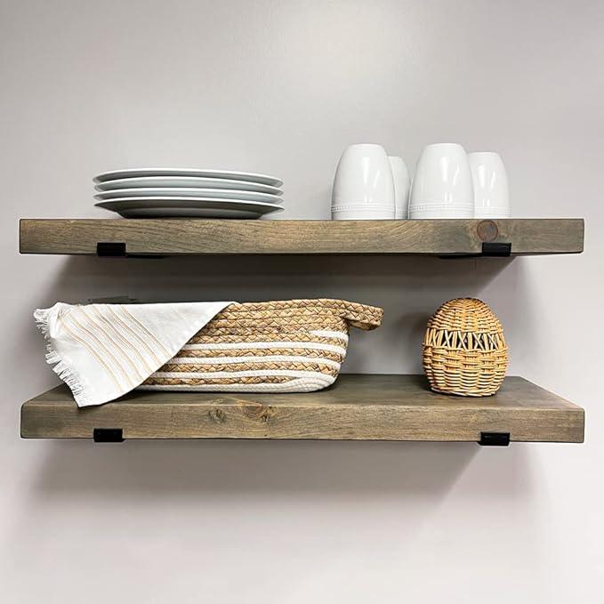 Rustic Shelves with J-Brackets Set of 2, Industrial Shelf, Kitchen Shelves, Solid Wood, Decorative Wall Storage, Heavy Duty, URBANDI (Grey, 24Wx12D)