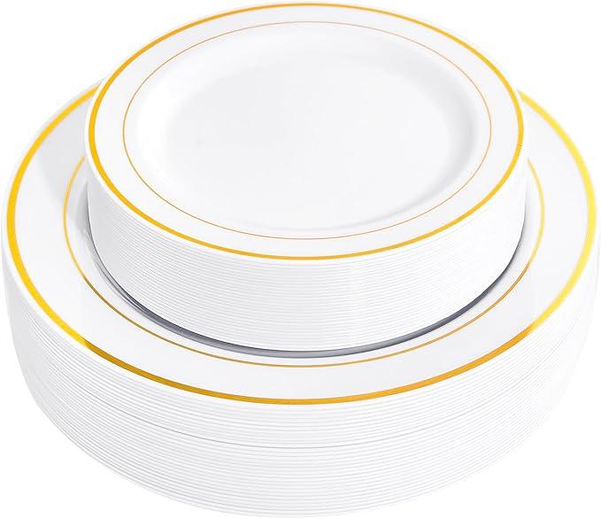 FLOWERCAT 60PCS Gold Plastic Plates - Heavy Duty White and Gold Plastic Plates Disposable for New Year/Thanksgiving Party/Wedding - Include 30PCS 10.25