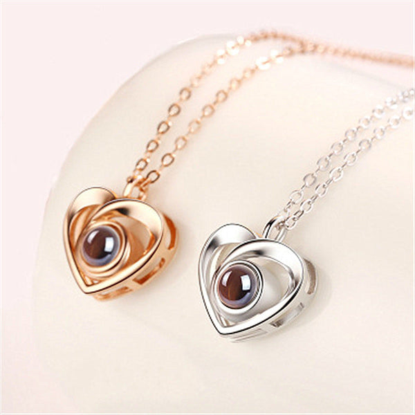 Silver Love Heart shaped Projection Pendant Necklace in 100 Languages, I Love You Projection Pendant Clavicle Chain