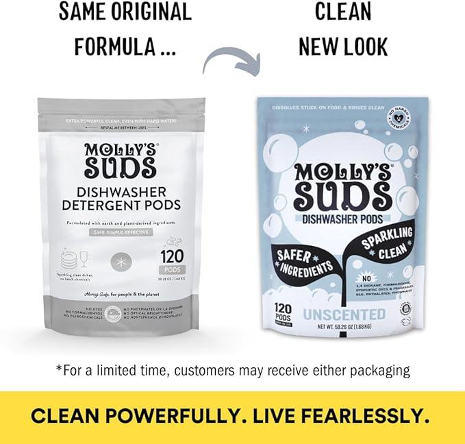 Molly's Suds Dishwasher Pods | Clean Dishwasher Detergent, Cuts Grease & Rinses Clean (Residue-Free) for Sparkling Dishes | 120 Auto-Release Tabs (Unscented)