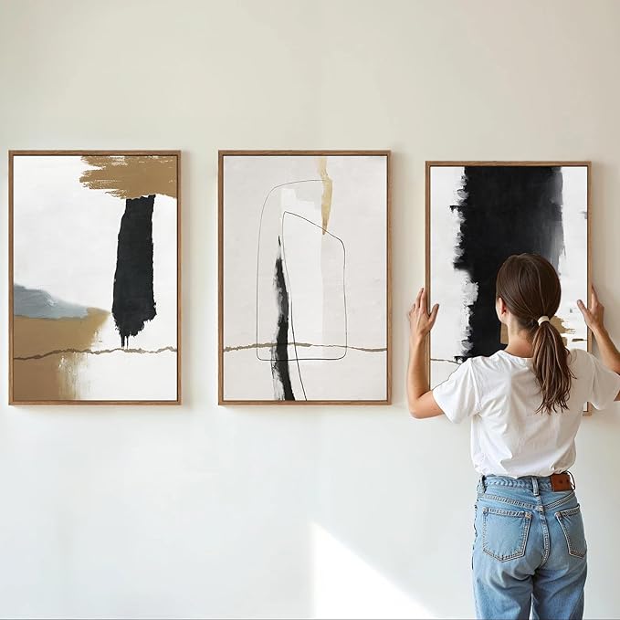 SIGNINART Black and White Abstract Framed Canvas Wall Art Set of 3, Beige Neutral Art Prints, Minimalist Modern Wall Decor for Living Room, Bedroom, Office,Above Couch 16