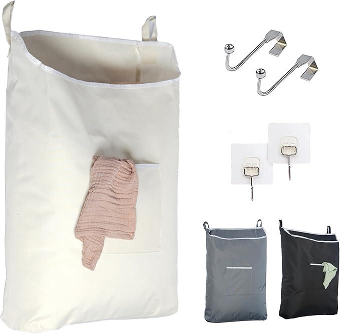 The Fine Living Co. Hanging Laundry Hamper with Over Door Hooks & Adhesive, Durable Space Saving Laundry Bag with Zipper and Wide Open Top, Hanging Dorm Laundry Hamper 18