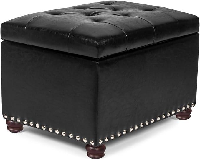 24'' Leather Storage Ottoman Rectangular Foot Rest Stool with Nailhead Trim Toy Chests & Storage Room Organizer for Bedroom Living Room(Black)