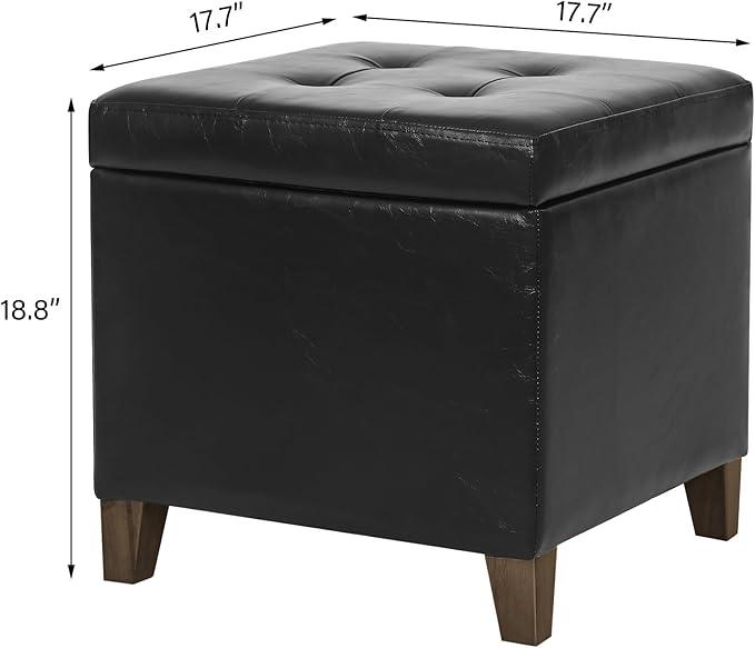 Adeco Faux Leather Storage Ottoman Bench with Solid Wood Legs, 17.7