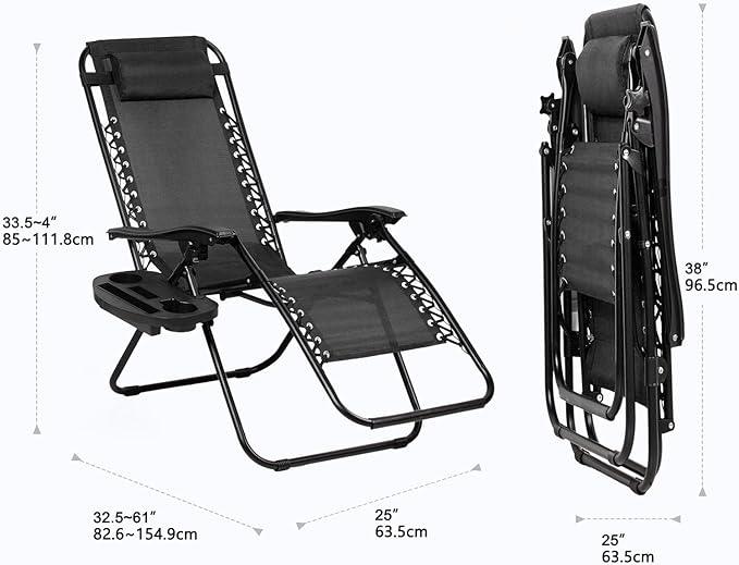 Nazhura Set of 2 Relaxing Recliners Patio Chairs Adjustable Steel Mesh Zero Gravity Lounge Chair Beach Chairs with Pillow and Cup Holder Black