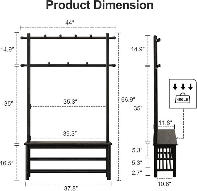 Coat Rack with Shoe Storage, Wooden Hall Tree with Bench, 11 Hooks and 2-Tier Storage Shelves, 3-in-1, Entryway Bench with Coat Rack (39.3