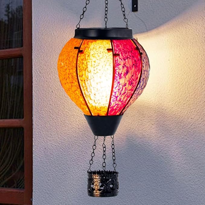 2PCS Solar Hot Air Balloon Lantern with Flame, Handmade Glass Hot Air Balloon Solar Lantern, Outdoor Lanterns Waterproof for Patio, Garden, Porch (Colorful)