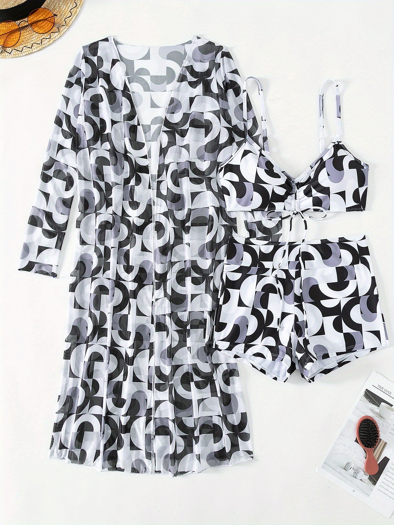 Luxe Lines 3-Piece Geometric Bikini Set for Women – High Rise Drawstring Bikini with Boxer Shorts & Long Sleeve Sheer Kimono Cover-Up – Bold & Breezy Women’s Swimwear for Summer Beach Pool & Getaways