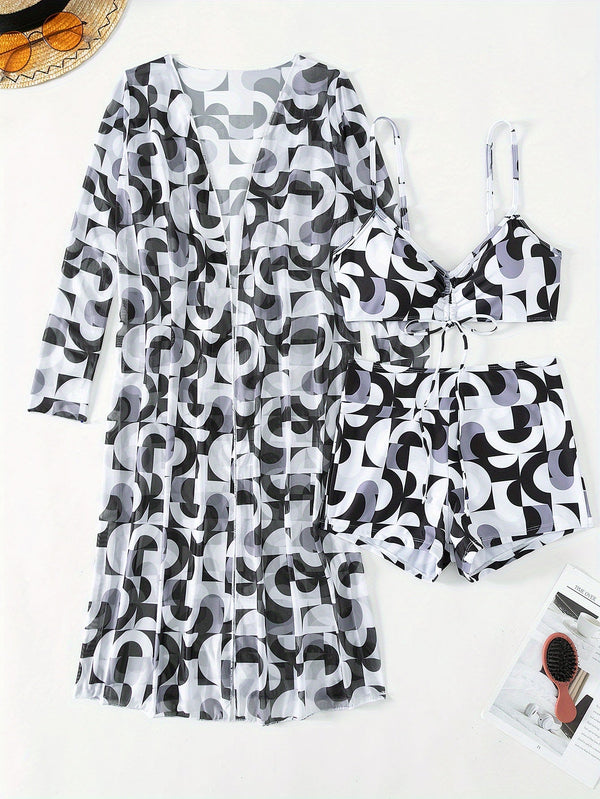 Luxe Lines 3-Piece Geometric Bikini Set for Women – High Rise Drawstring Bikini with Boxer Shorts & Long Sleeve Sheer Kimono Cover-Up – Bold & Breezy Women’s Swimwear for Summer Beach Pool & Getaways