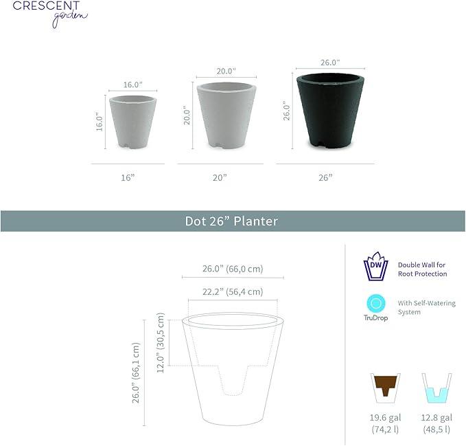 Crescent Garden Dot TruDrop Indoor/Outdoor Planter, Self-Watering Plant Pot, 26 Inches, (Alpine White)