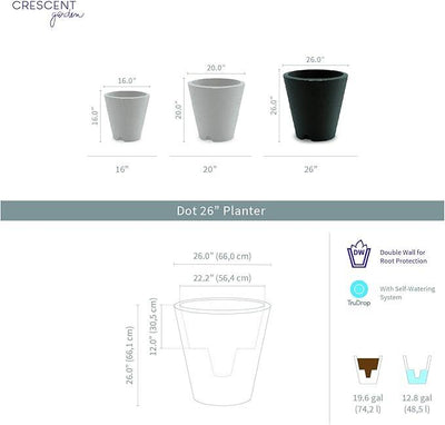 Crescent Garden Dot TruDrop Indoor/Outdoor Planter, Self-Watering Plant Pot, 26 Inches, (Alpine White)