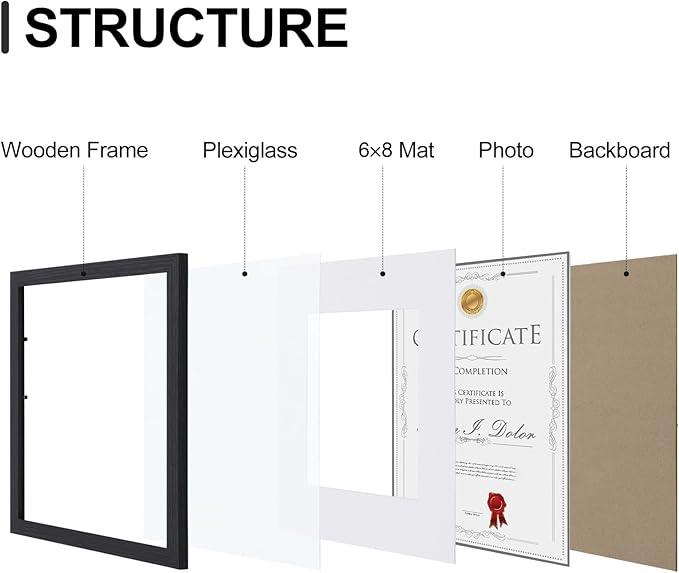 Vittanly 8.5x11 Picture Frames Set of 9, Shatter Resistant Plexiglass, Display 6x8 Pictures with Mat or 8.5x11 without Mat, Photo Frames for Wall or Tabletop, Engineered Wood, Black