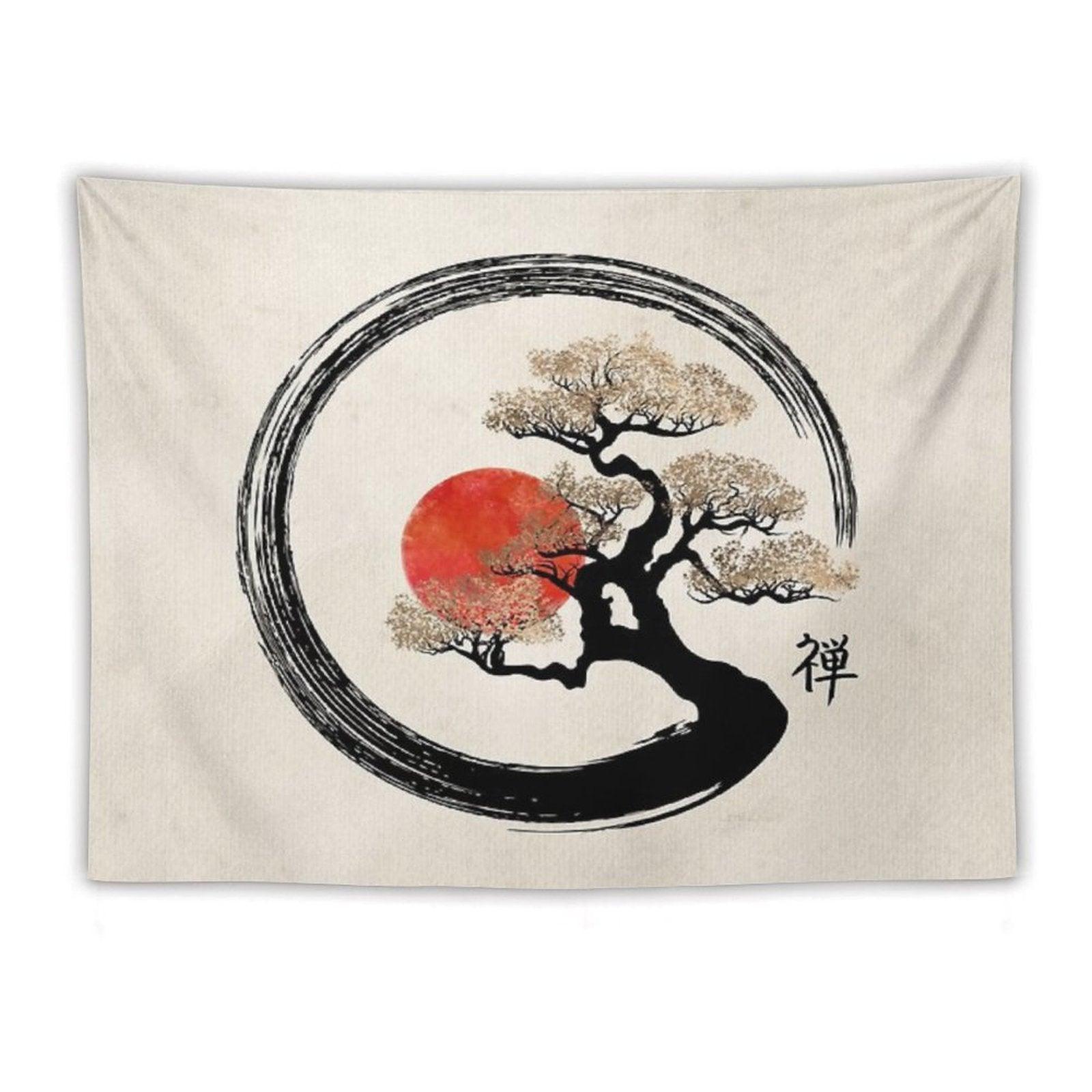 Enso Circle And Bonsai Tree on Canvas Tapestry