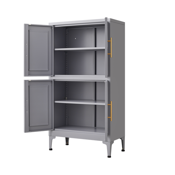 Grey metal kitchen storage cabinet, kitchen pantry storage cabinet with door and shelf, adjustable leveling feet