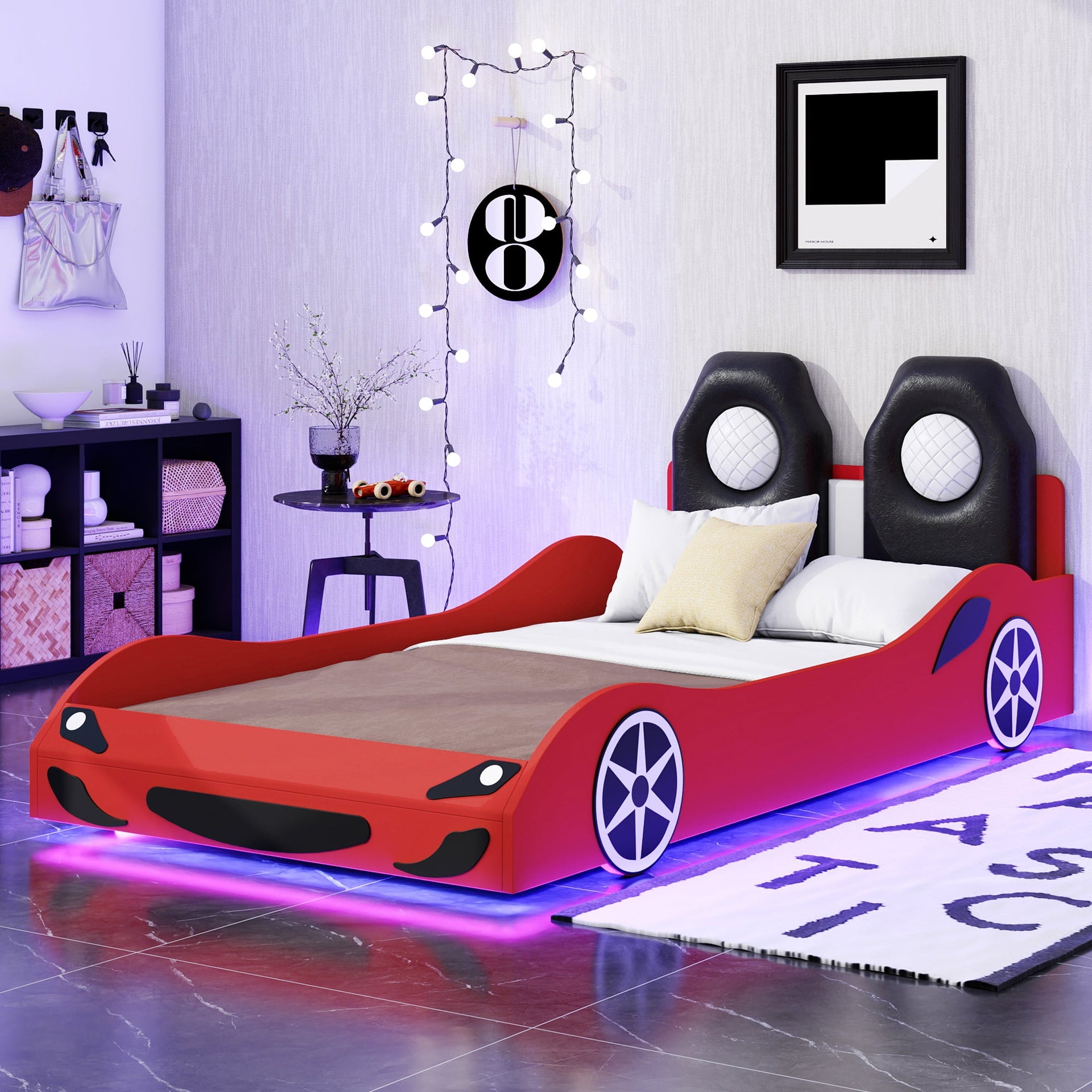 Wood Twin Size Race Car-Shaped Platform Bed