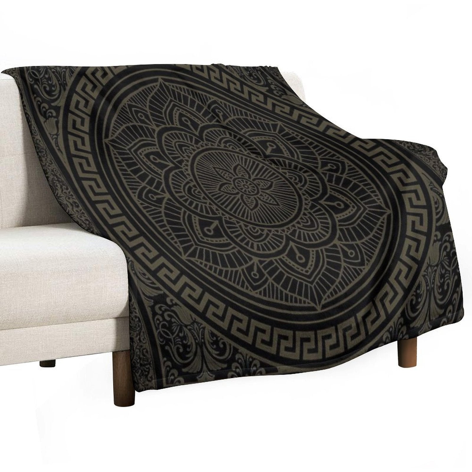 Ornate Baroque Army Green Black Meander Greek Key Flower Premium Throw Blanket