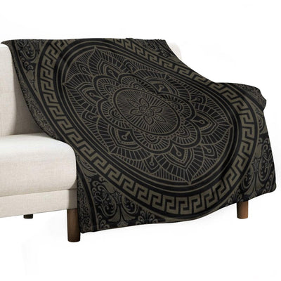 Ornate Baroque Army Green Black Meander Greek Key Flower Premium Throw Blanket