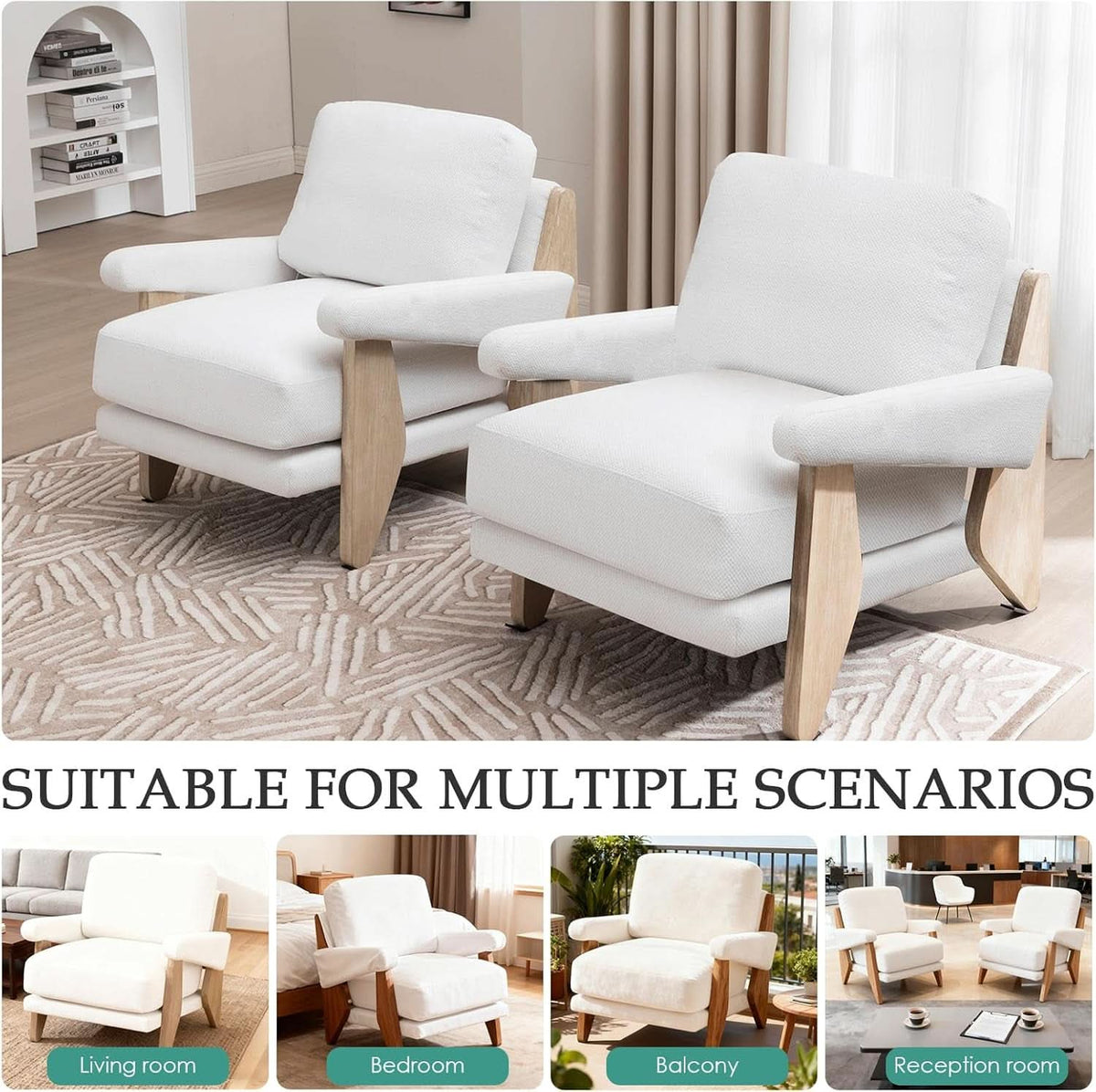 Ivory Chenille Accent Chair Solid Wood LivingRoomSet
