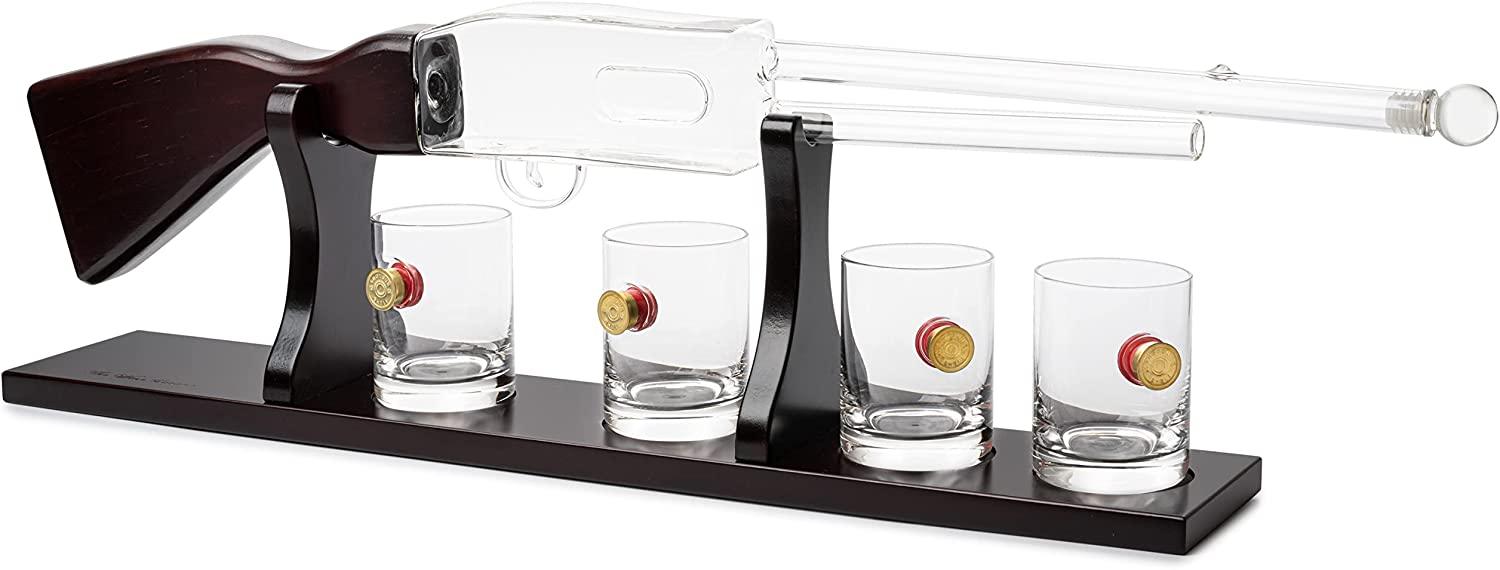 Shotgun Rifle Wine & Whiskey Decanter Set 20oz with Bullet Glasses by The Wine Savant - Firearm Shooting Gun Gifts for Men Veterans, Military, Home Bar, Law Enforcement 30
