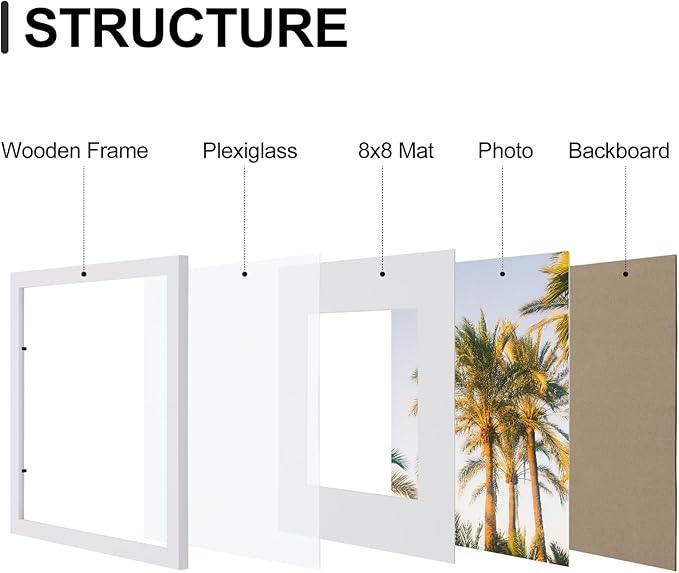Vittanly 12x12 Picture Frames Set of 9, Shatter Resistant Plexiglass, Display 8x8 Pictures with Mat or 12x12 without Mat, Photo Frames for Wall Mount, Engineered Wood, White